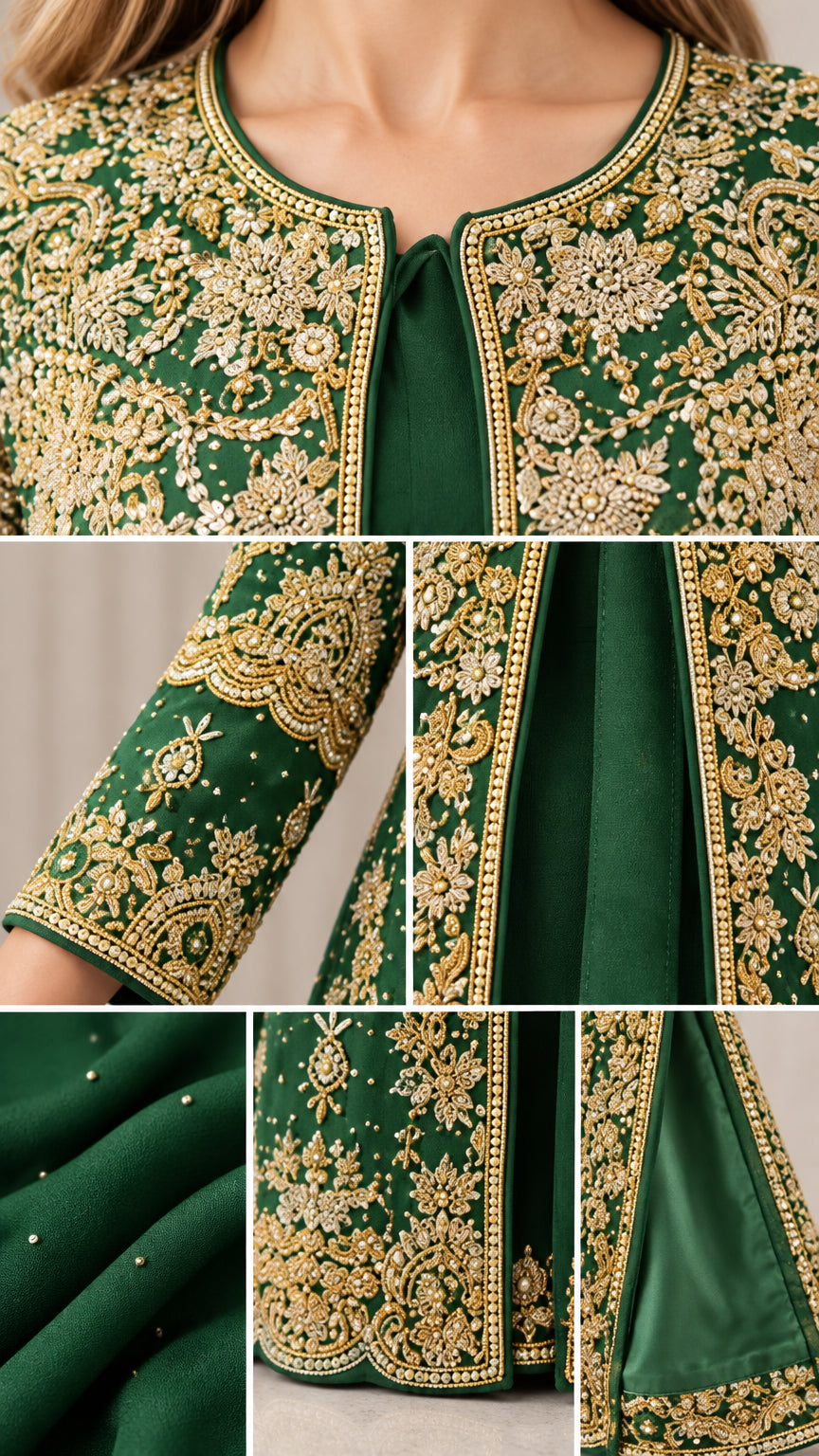 Close-up details of intricate golden floral embroidery and scalloped cuffs