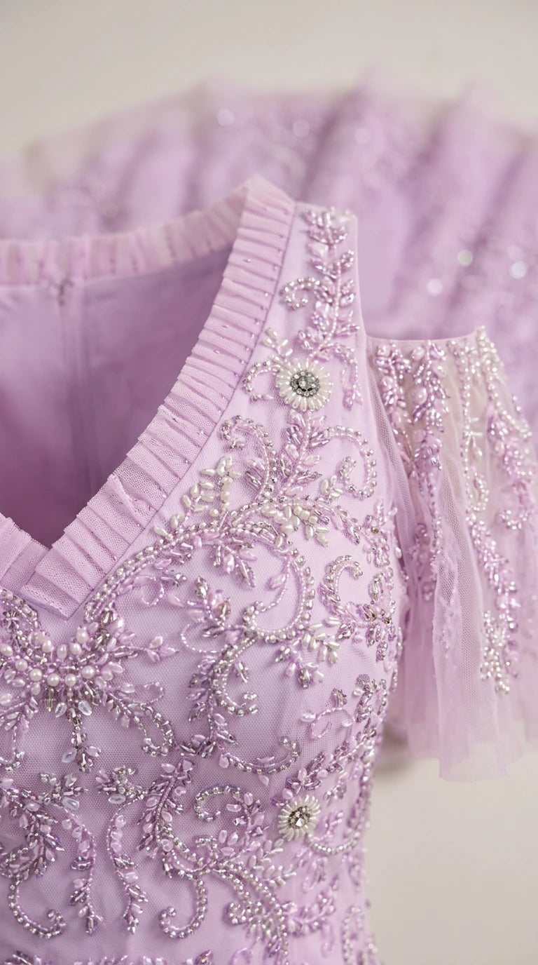 Close-up detail of lavender gown showing intricate beading, pleating, and cold-shoulder sleeve
