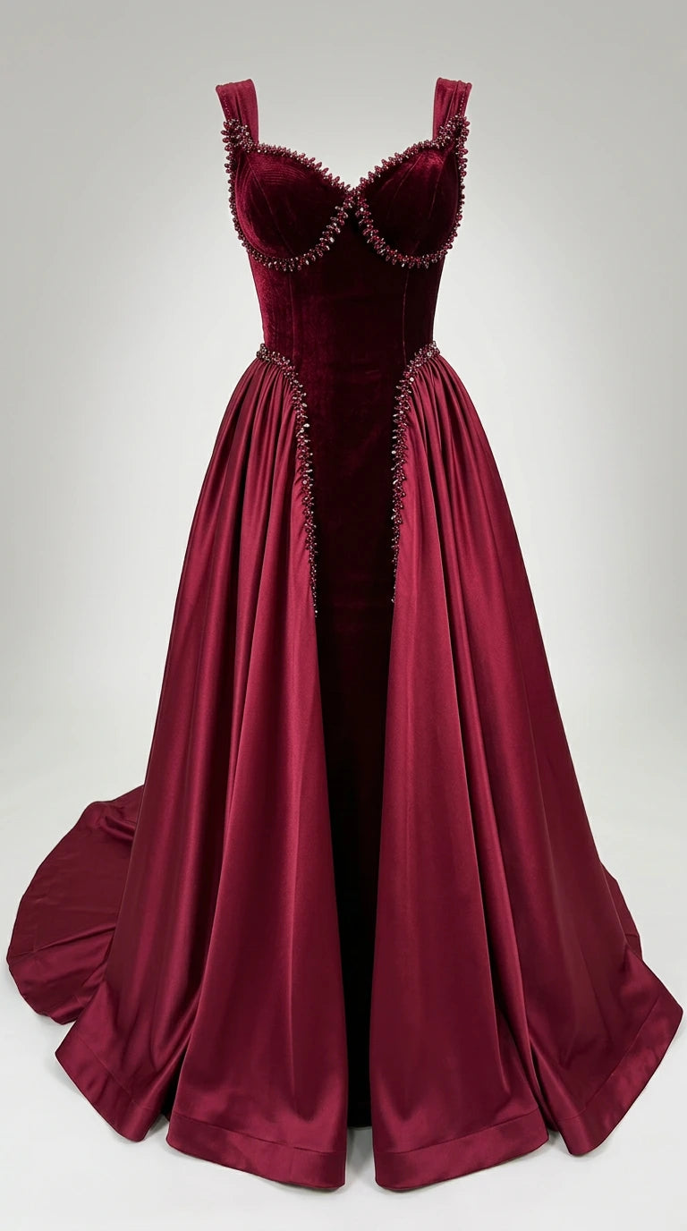 Burgundy velvet and satin formal evening gown product display