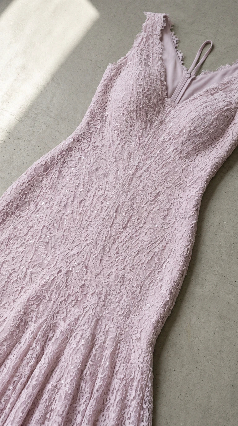 Close-up detail shot of lilac textured lace neckline and fabric