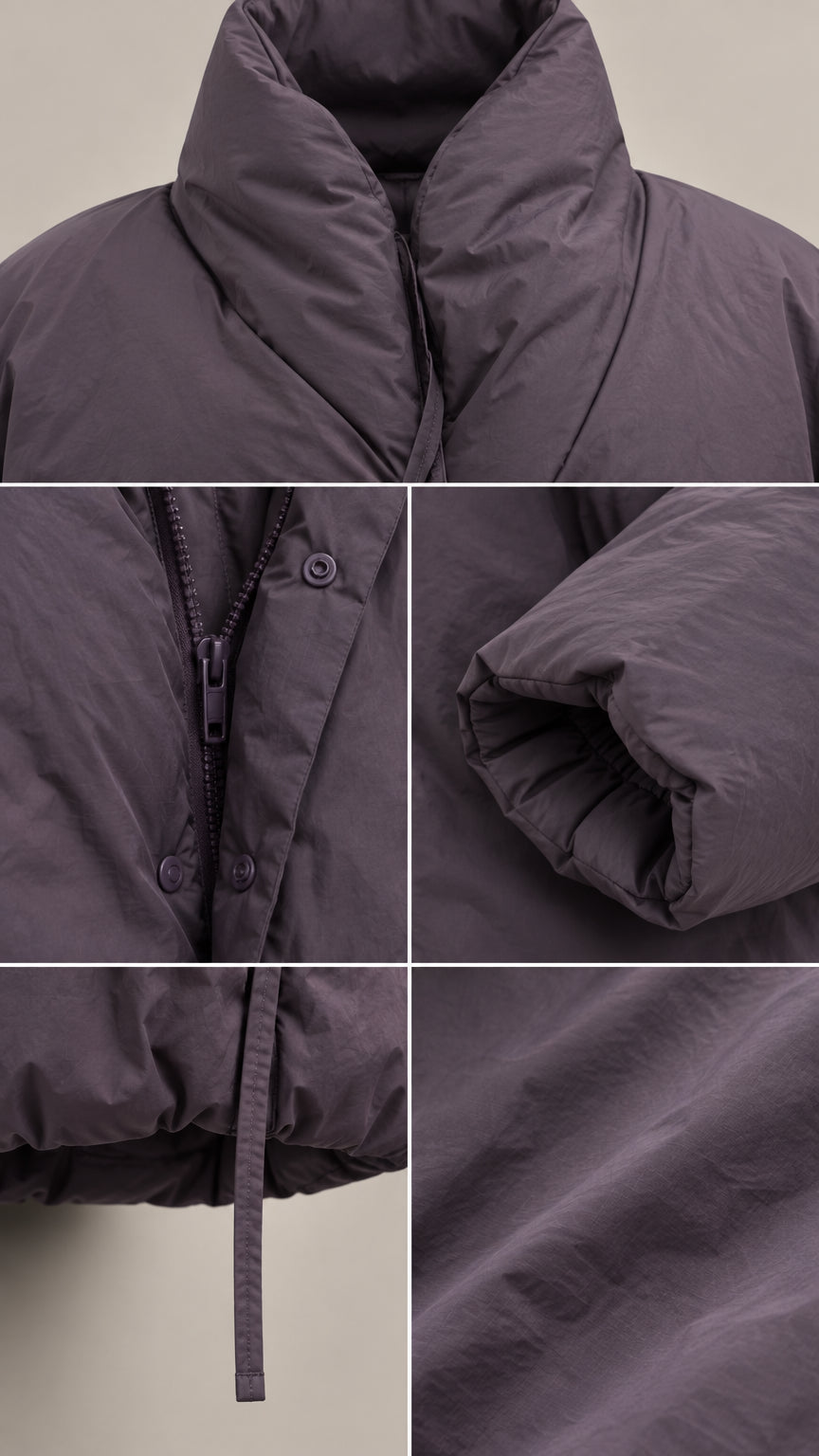 Detailed close-up views of stand collar, front zipper, snap buttons, cuffs, and matte fabric