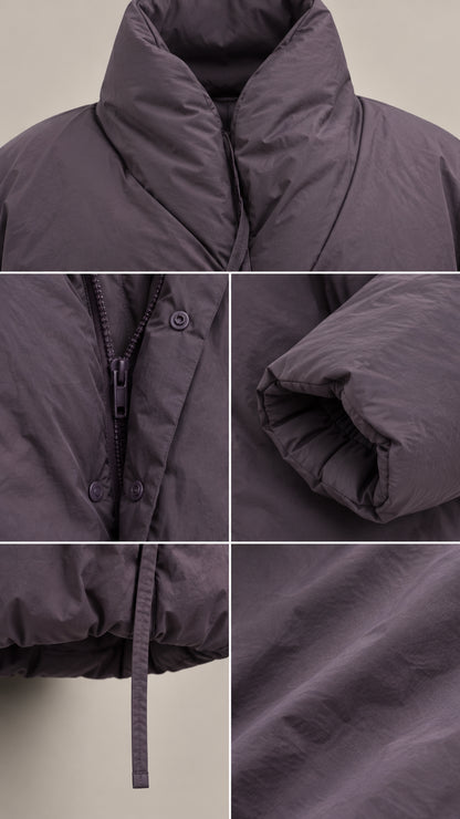Detailed close-up views of stand collar, front zipper, snap buttons, cuffs, and matte fabric