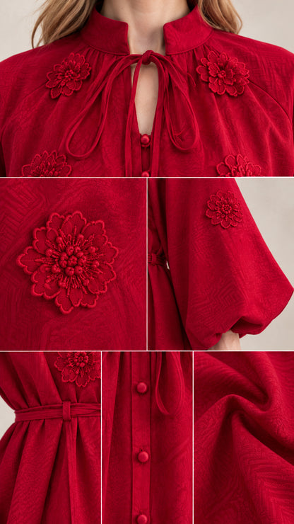 Close-up details of 3D floral embroidery, keyhole neckline tie, and button placket
