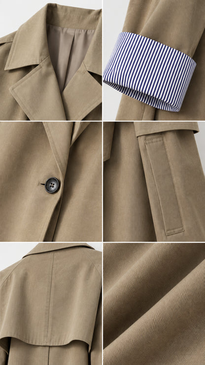 Detailed close-ups of lapel collar, striped cuff lining, button closure, and twill fabric texture