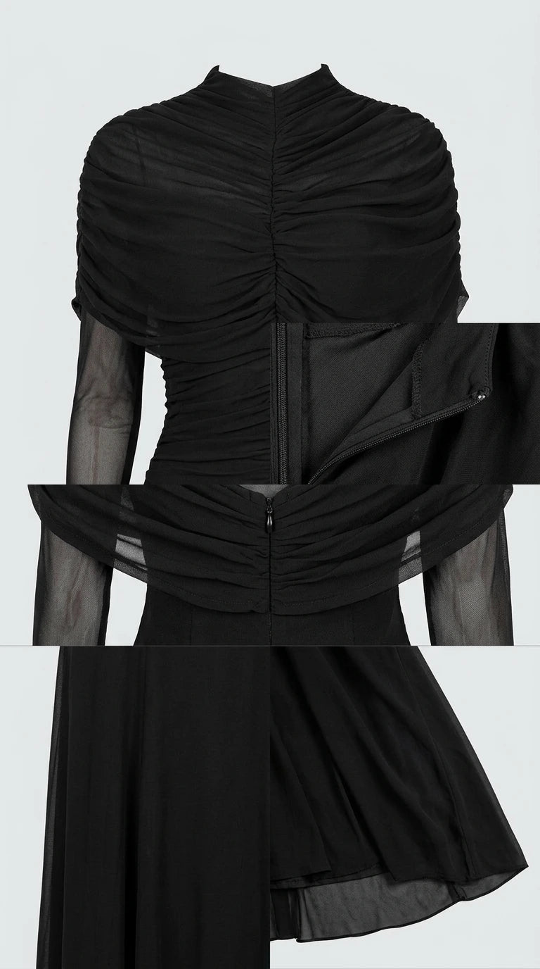 Close-up detail of bodice ruching, sheer mesh sleeve, and back zipper construction