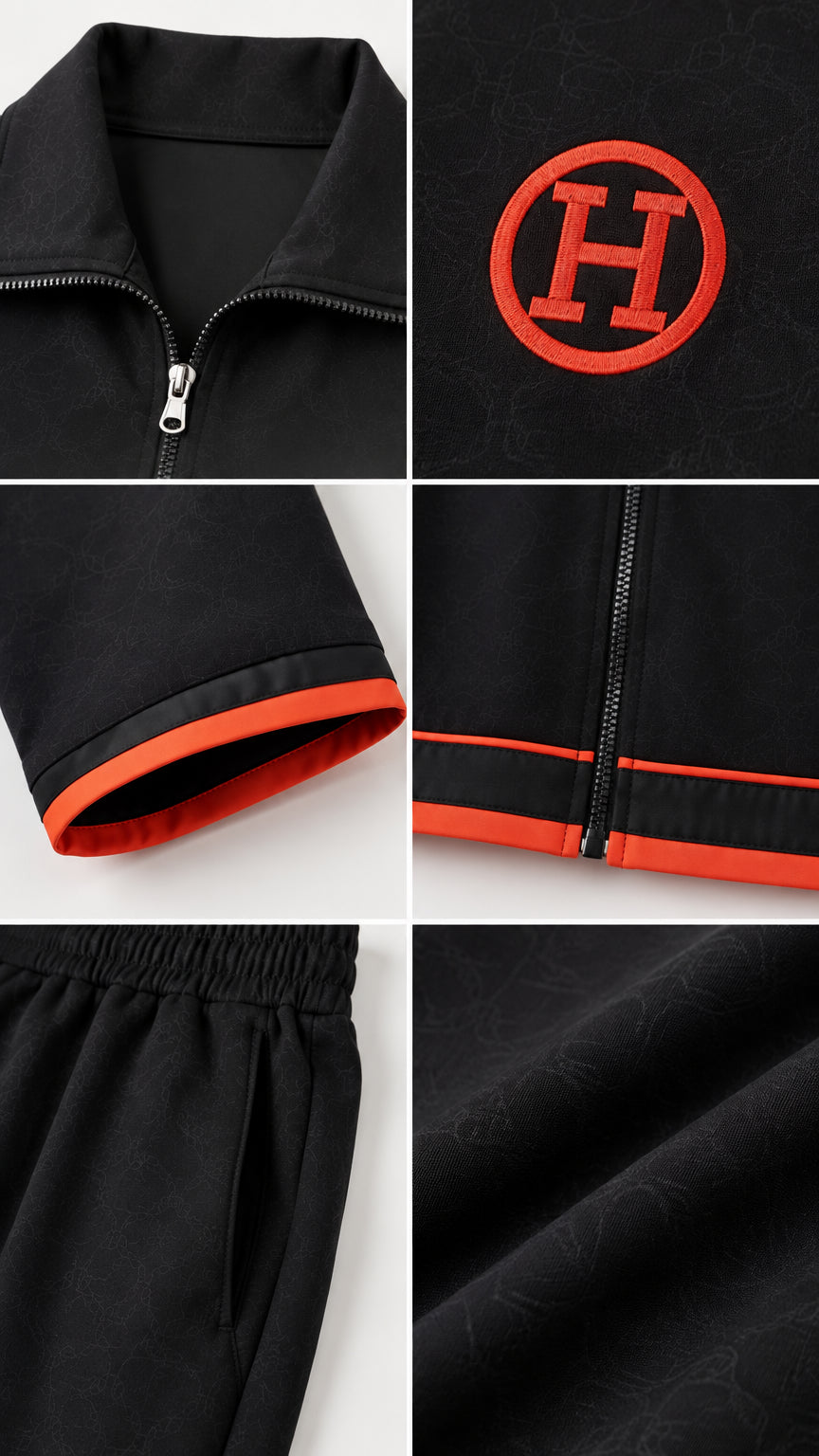 Close-up details of collar zipper, embroidered chest crest, contrast sleeve trim, and pocket construction