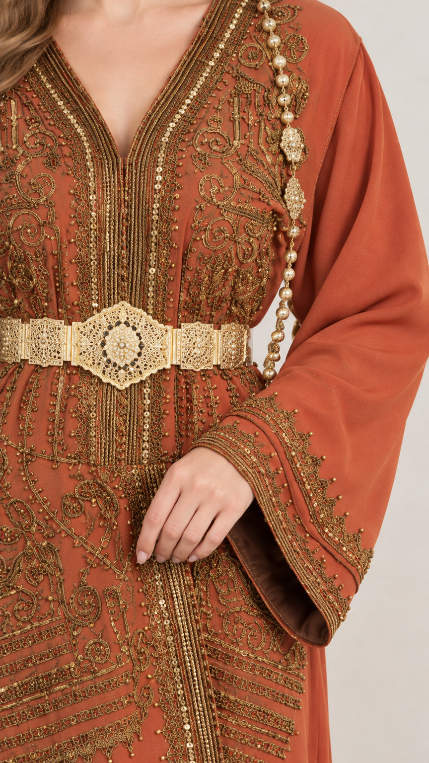 Close-up of intricate metallic embroidery and ornate belt on Rust kaftan dress