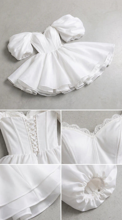 Product flat lay and detail views of white corset bodice, lace trim, and puff sleeves