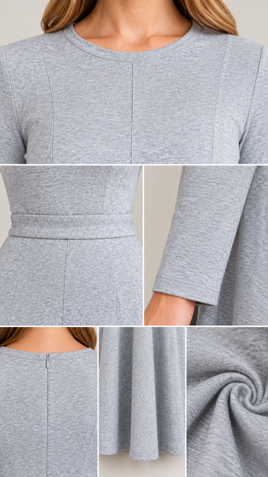 Close-up details of crew neck, waist stitching, cuffs, and back zipper on grey knit dress
