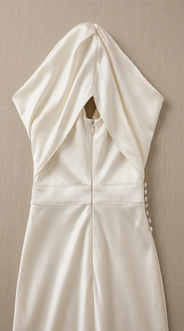 Close-up detail of back zipper and delicate button fastening on ivory dress