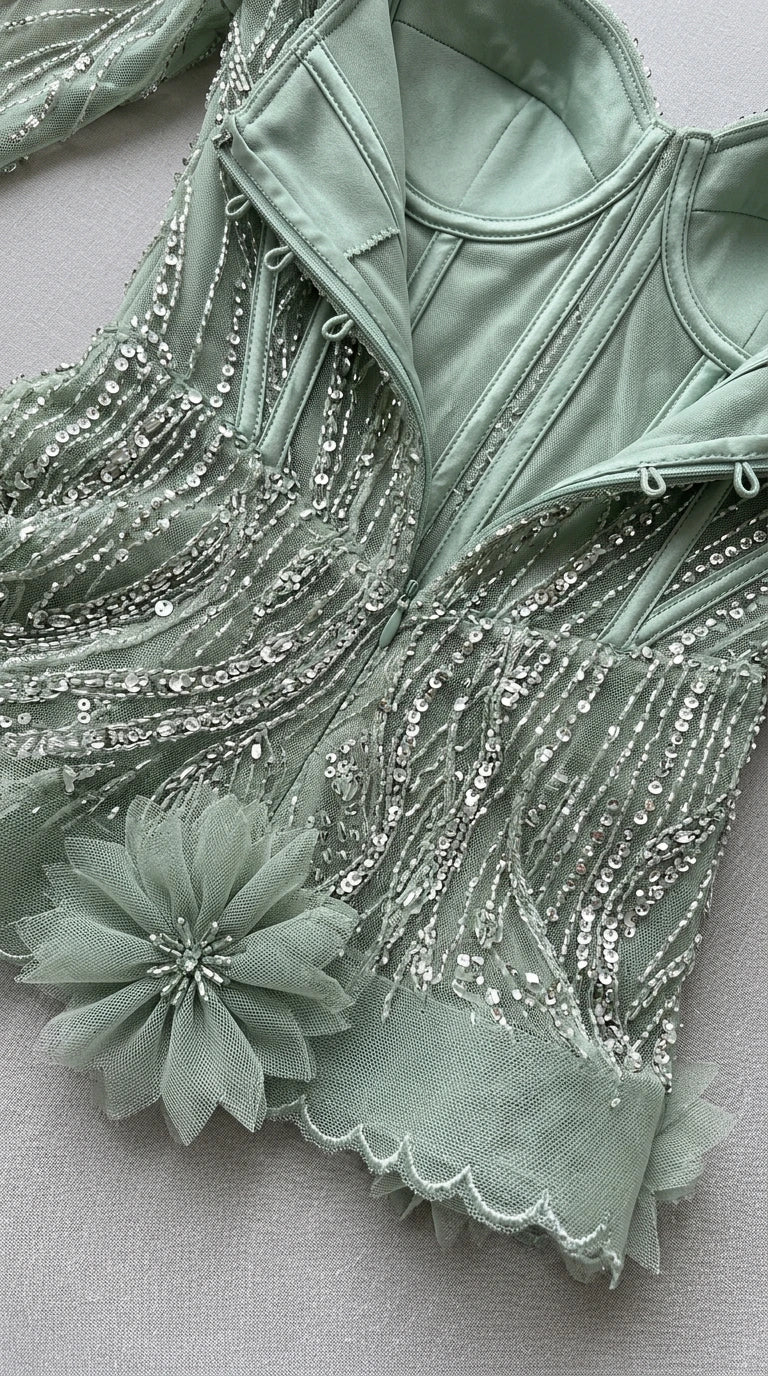Close-up detail of sage green corset bodice with boning structure, sequin beading, and 3D fabric flower