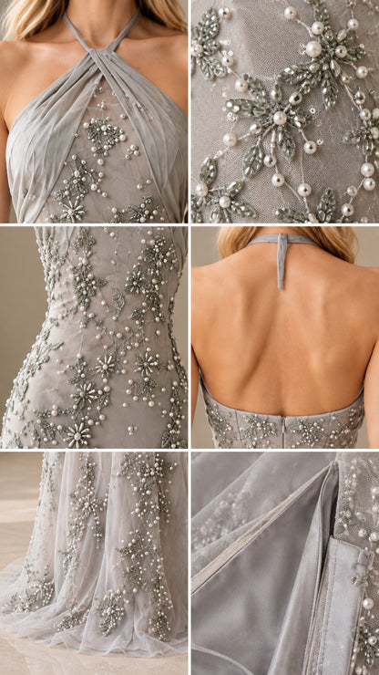 Close-up details of pearls, beaded embroidery, halter neckline and lining