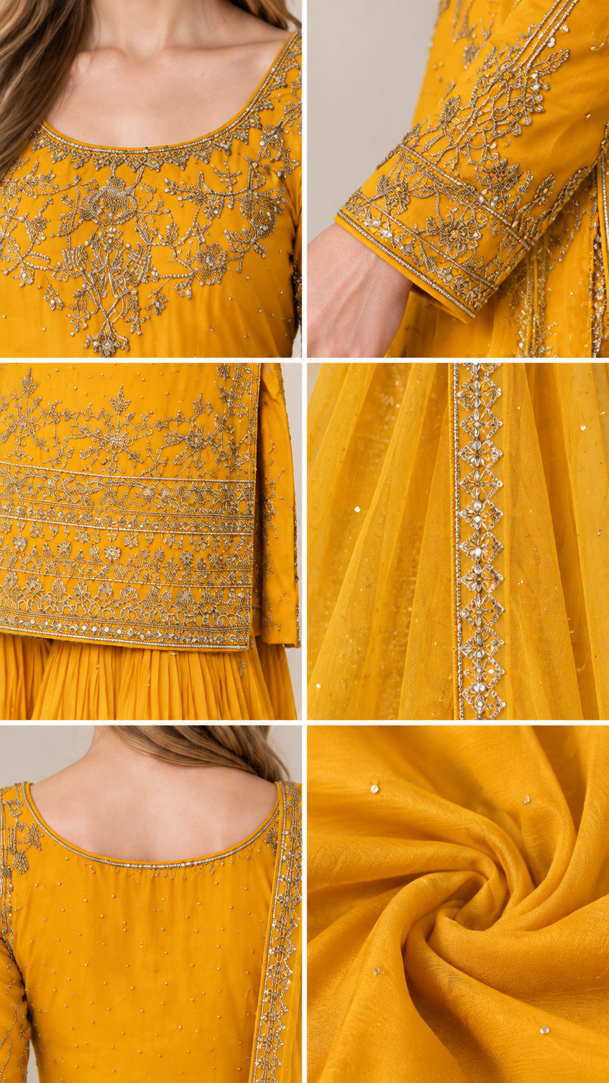 Close-up details of intricate gold embroidery, sleeve cuffs, hemline, and draped fabric