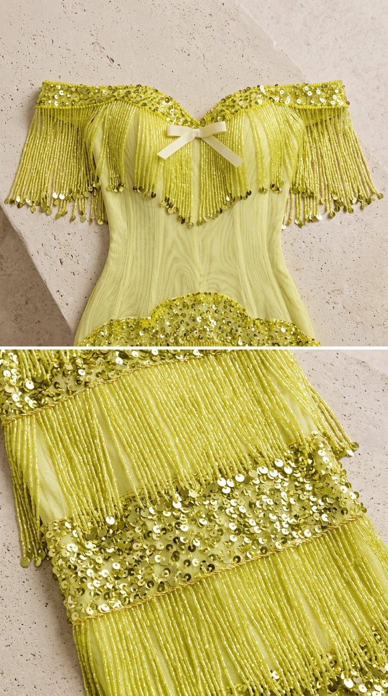 Close-up detail of bodice and tiered sequin fringe craftsmanship