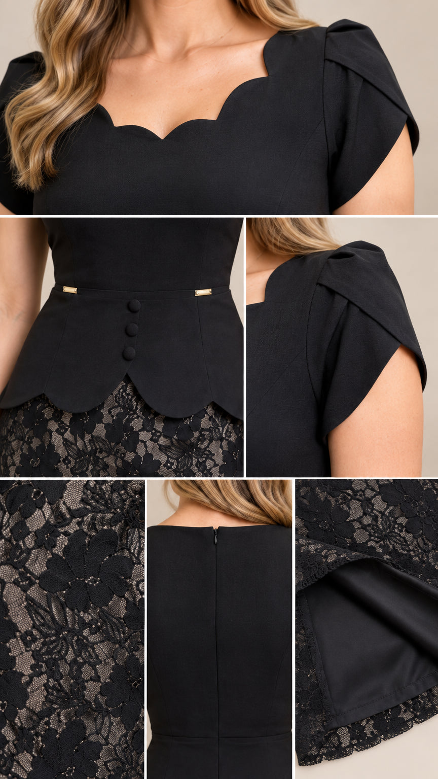 Close-up details of scalloped neckline, peplum buttons, petal sleeves, and lace fabric
