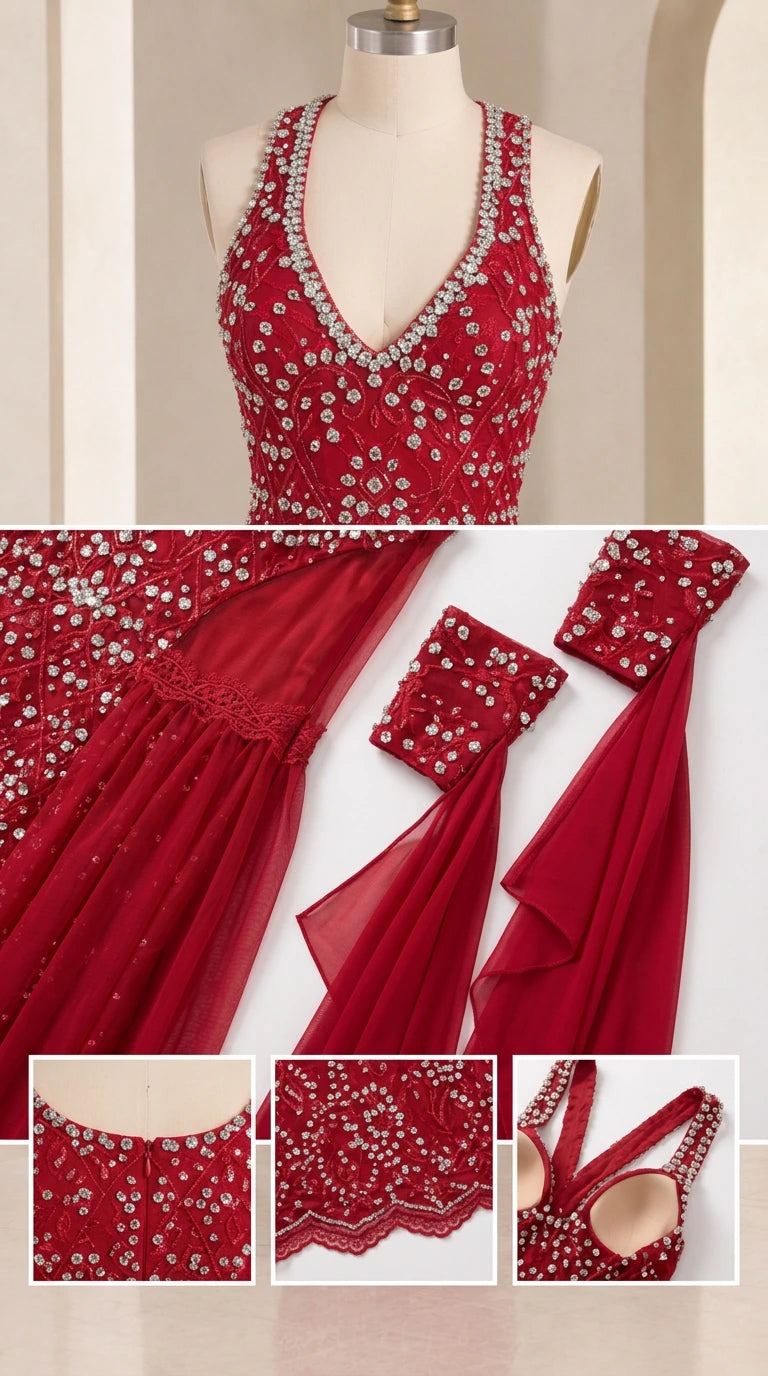Detailed close-up of rhinestone bodice, sheer cape cuffs, and inner lining construction