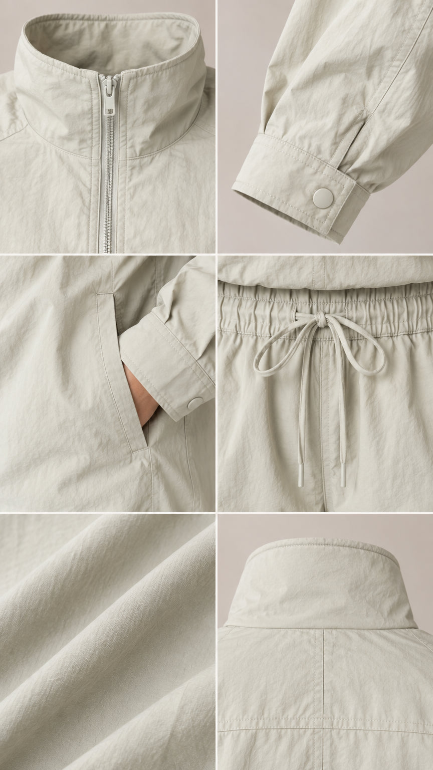 Detailed close-ups of stand collar zip, cuff button, side pocket, and fabric texture