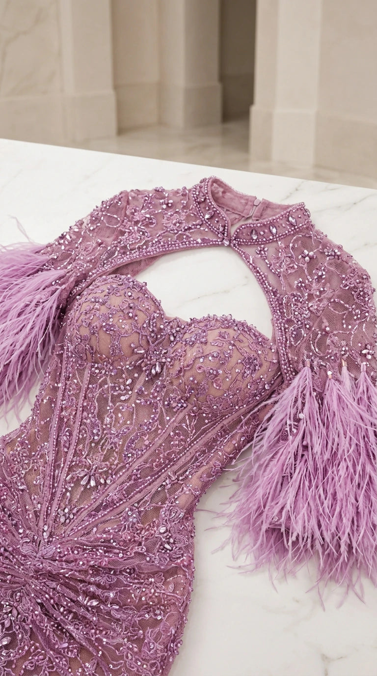 Close-up detail of lilac beaded lace bodice with corset detailing and feather trim
