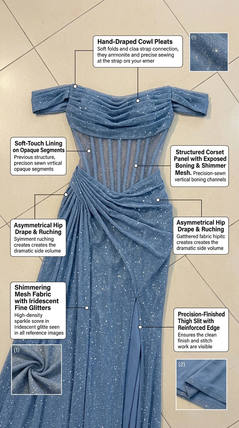 Technical fabric and construction callout diagram of the corset evening gown