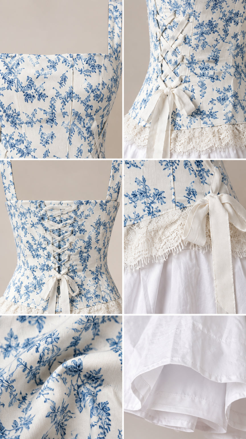 Close-up details of floral corset fabric, ribbon lace-up, lace trim, and hem lining