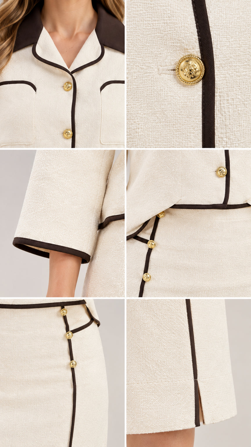 Detailed close-up of textured fabric, contrast collar, cuffs, and embossed gold-tone buttons