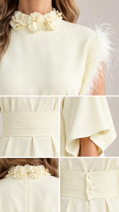 Detailed close-up collage of 3D floral collar, feather trim shoulder, and back button waist