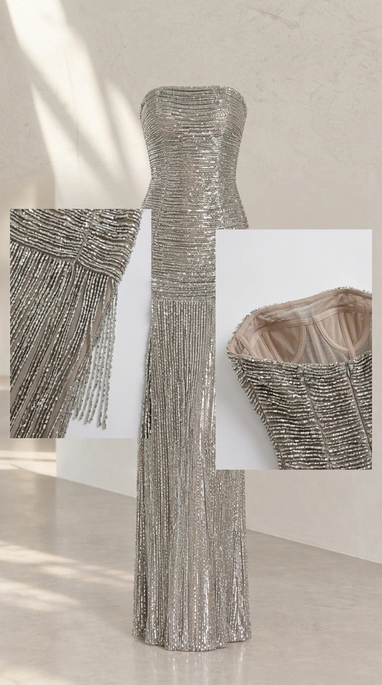 Detailed close-up of beaded fringe texture and structured bodice lining of the gown