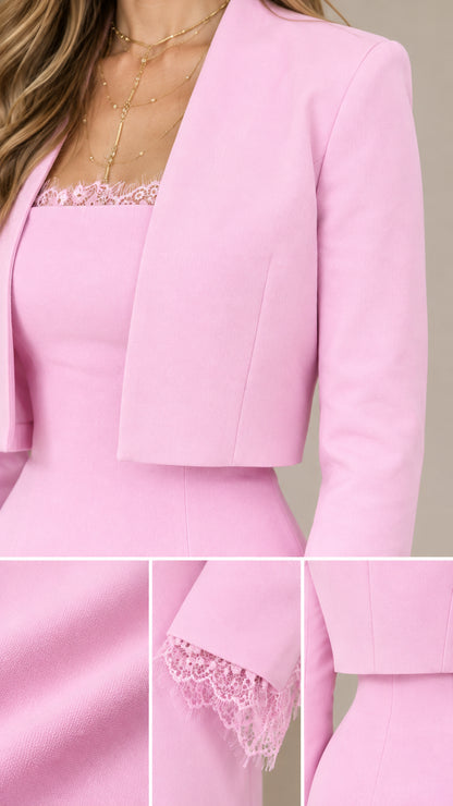 Close-up details of Light Pink dress showing lace neckline, fabric texture, and lace cuffs