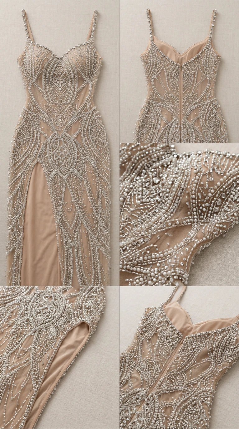 Close-up details of beadwork, neckline, slit, and lining construction