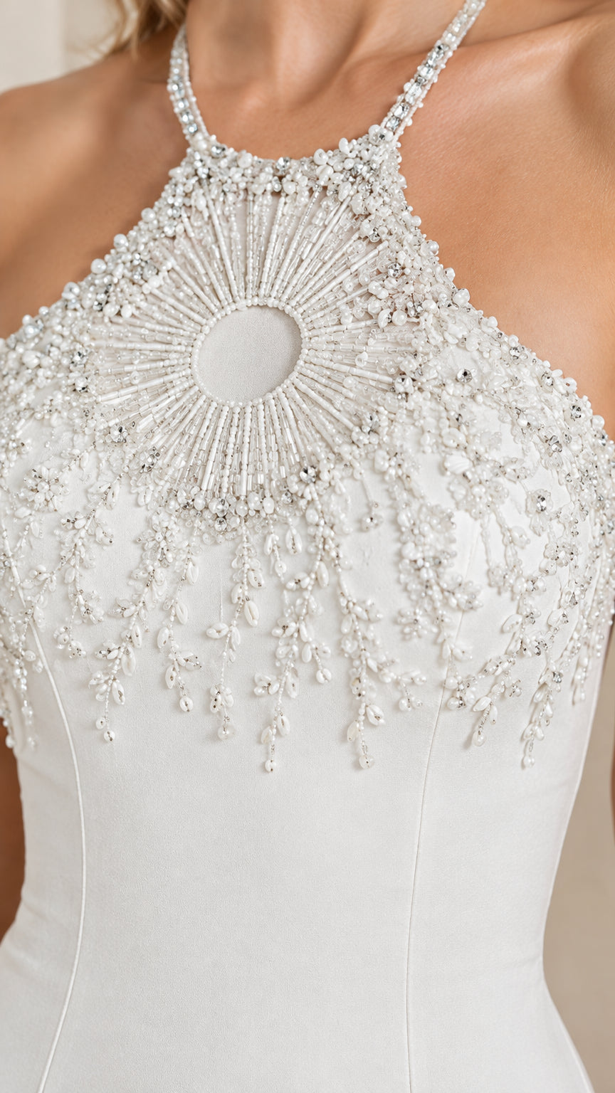 Close-up of intricate crystal and pearl sunburst beading on halter dress bodice