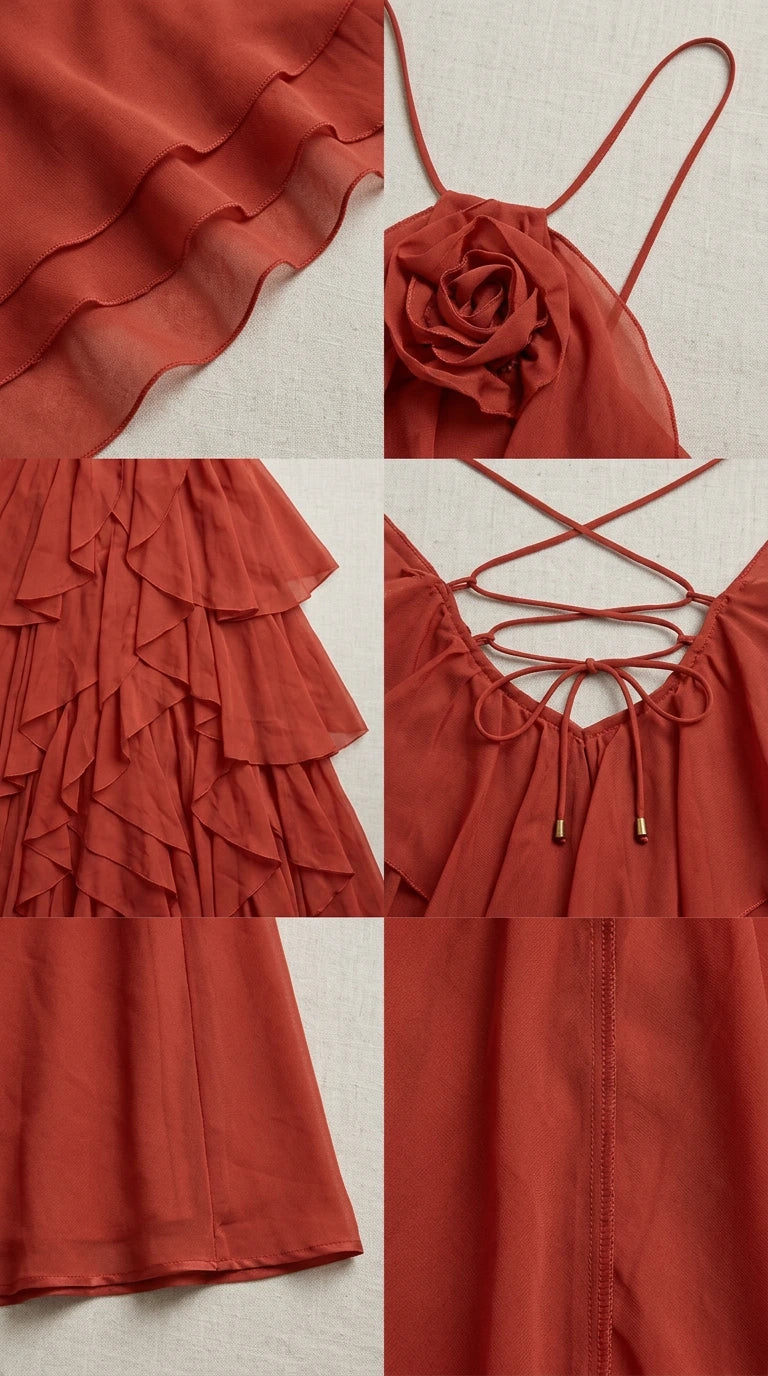 Close-up detail collage of rosette halter neckline, fabric ruffles, and lace-up back
