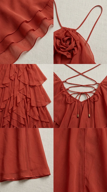 Close-up detail collage of rosette halter neckline, fabric ruffles, and lace-up back