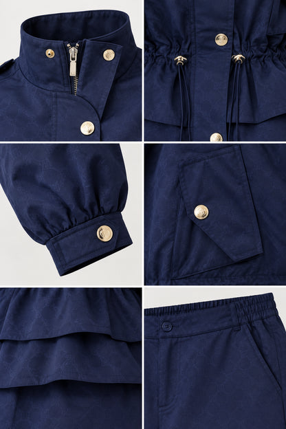 Detailed close-up shots of stand collar, drawstring waist, button cuffs, and peplum hem