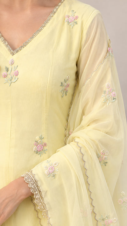 Close-up detail of neckline, sleeve cuff, and floral embroidery on pastel yellow dress