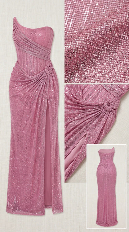Flat lay and fabric detail of pink sequin draped evening gown with slit
