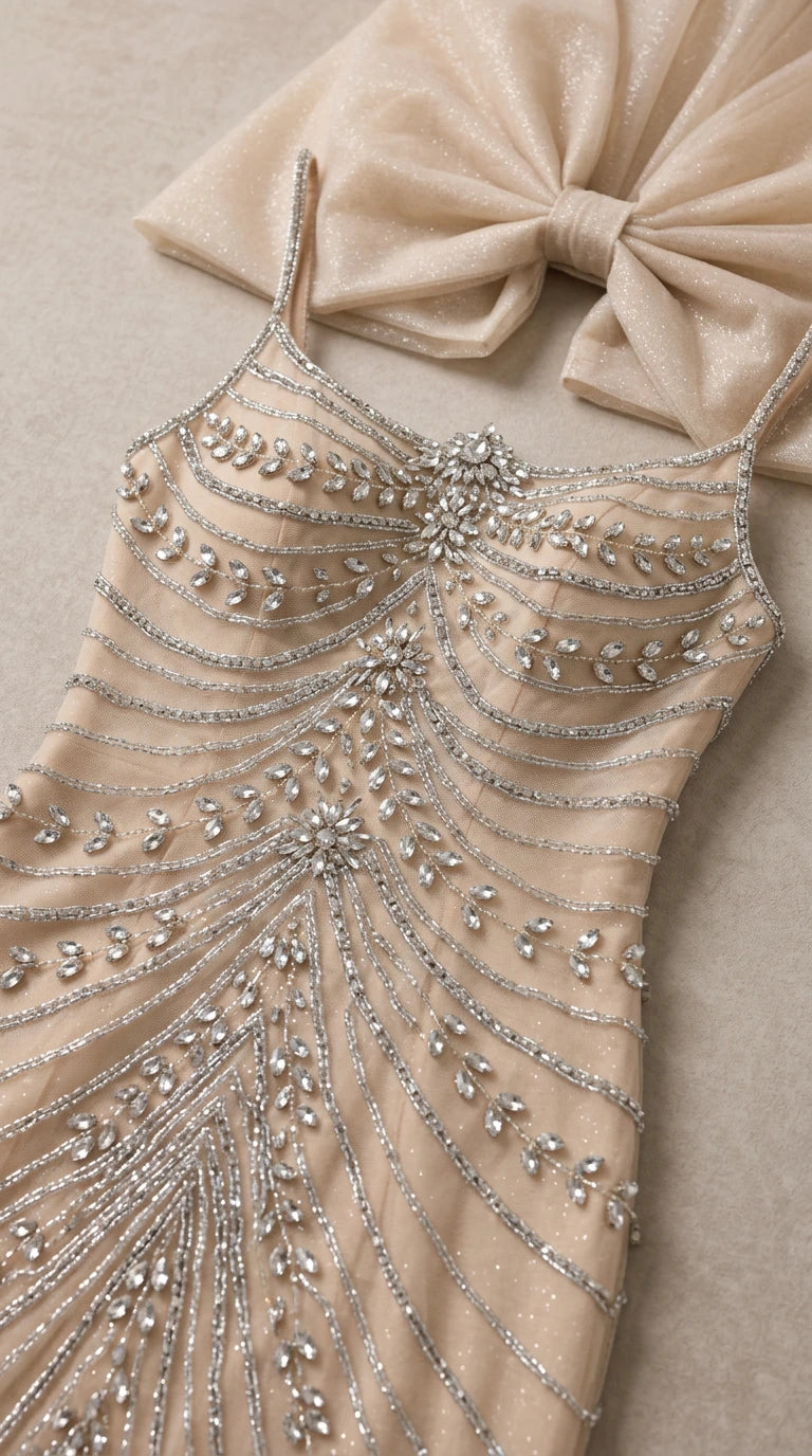 Close-up detail of bodice intricate rhinestone beadwork and structured bow
