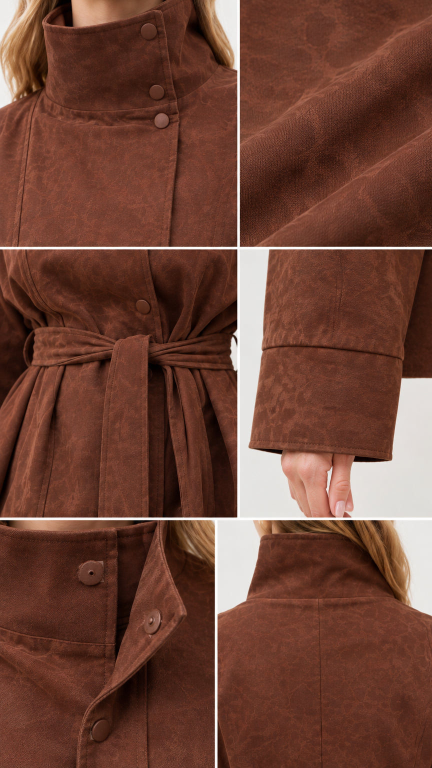 Close-up details of brown faux suede jacket showing high collar buttons, fabric texture, and belt