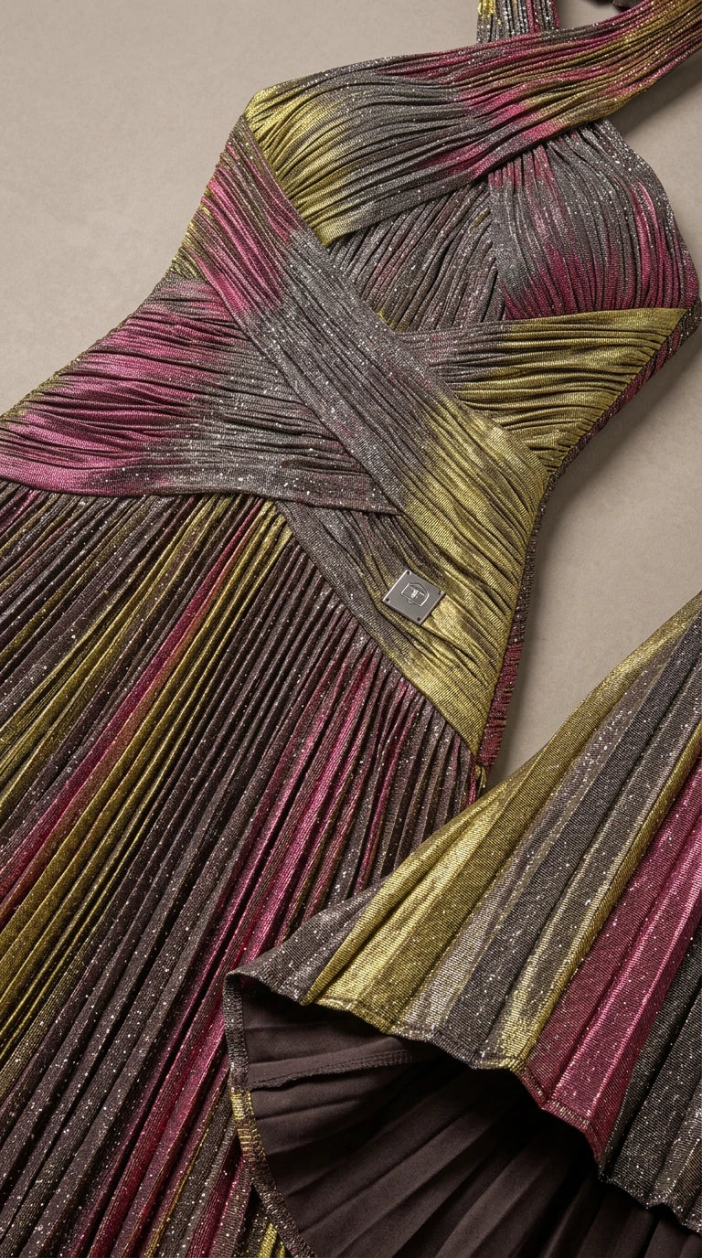Close-up detail of crisscross pleated bodice and metallic fabric texture