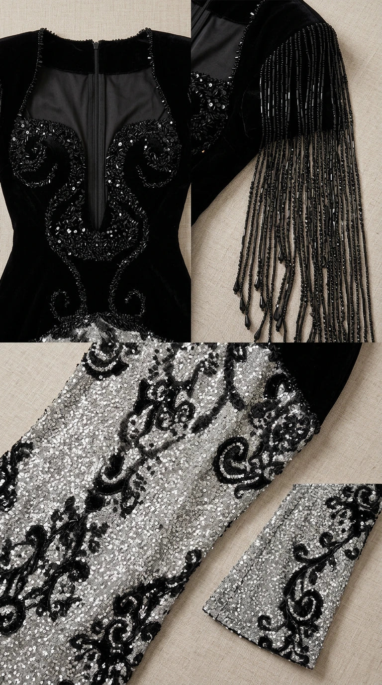 Detailed close-up of beaded neckline, fringe sleeve tassels, and sequin scroll embroidery