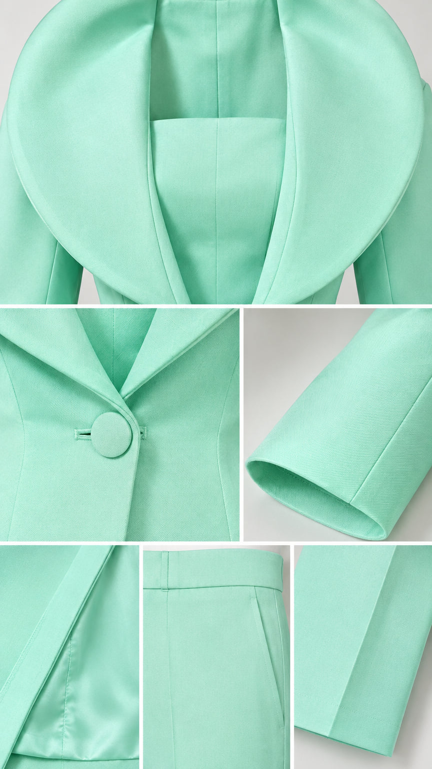 Detailed close-up collage of collar, button, sleeve cuff, and trouser hem in Mint Green