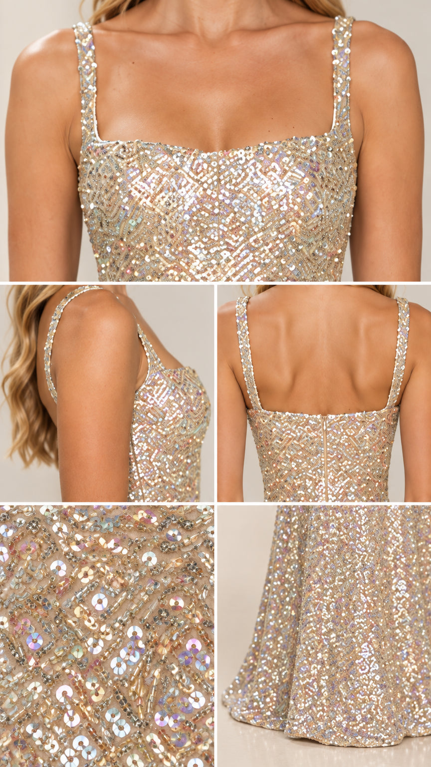 Close-up details of sequin embroidery, square neckline, and hemline