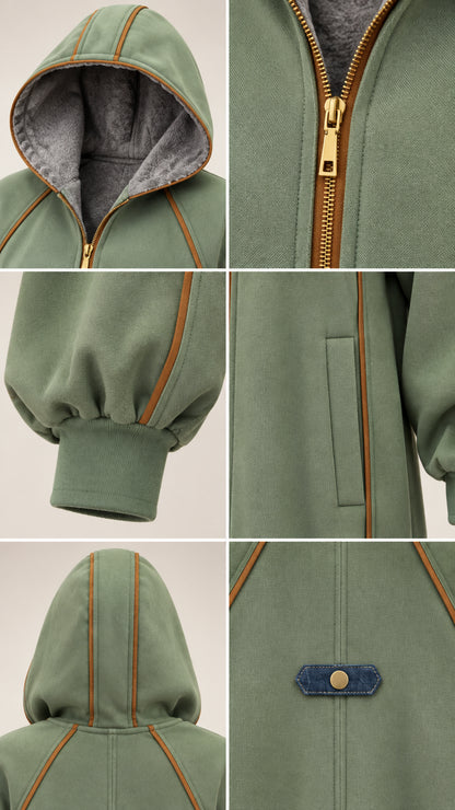 Close-up details of fleece lined hood, zipper, ribbed cuff, and pocket