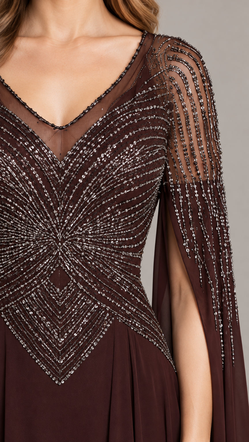 Close-up of intricate bodice beading and illusion V-neckline detail