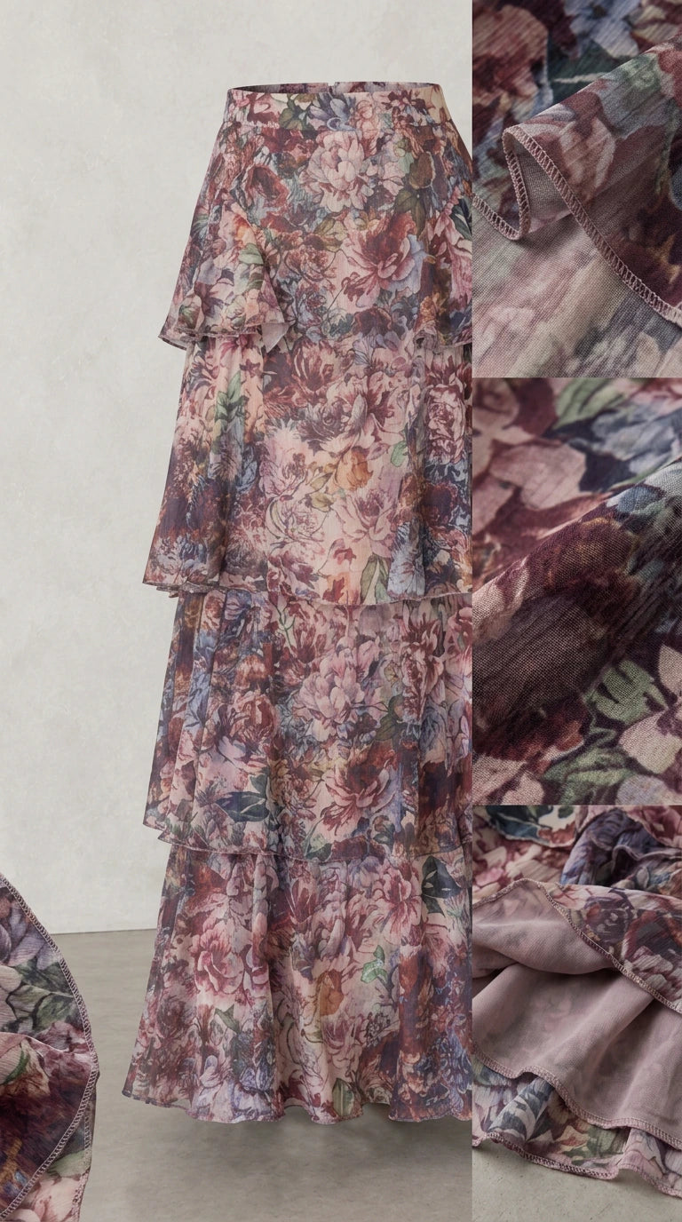 Close-up detail of tiered ruffles, floral print fabric, and hem stitching