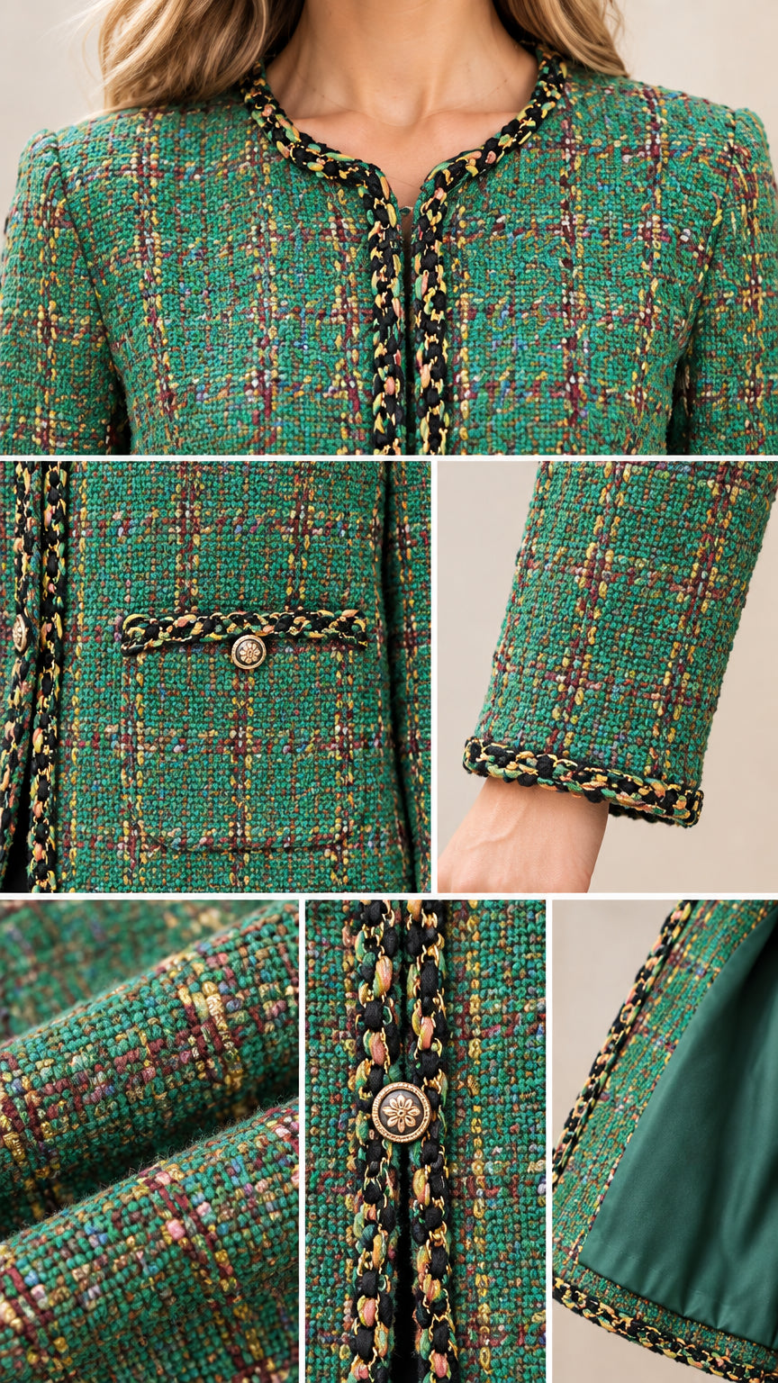 Detailed close-up collage of green tweed fabric, braided trim, and ornate buttons