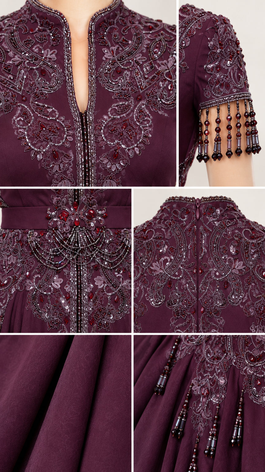 Close-up details of intricate beadwork, neckline, and tassel sleeve trims