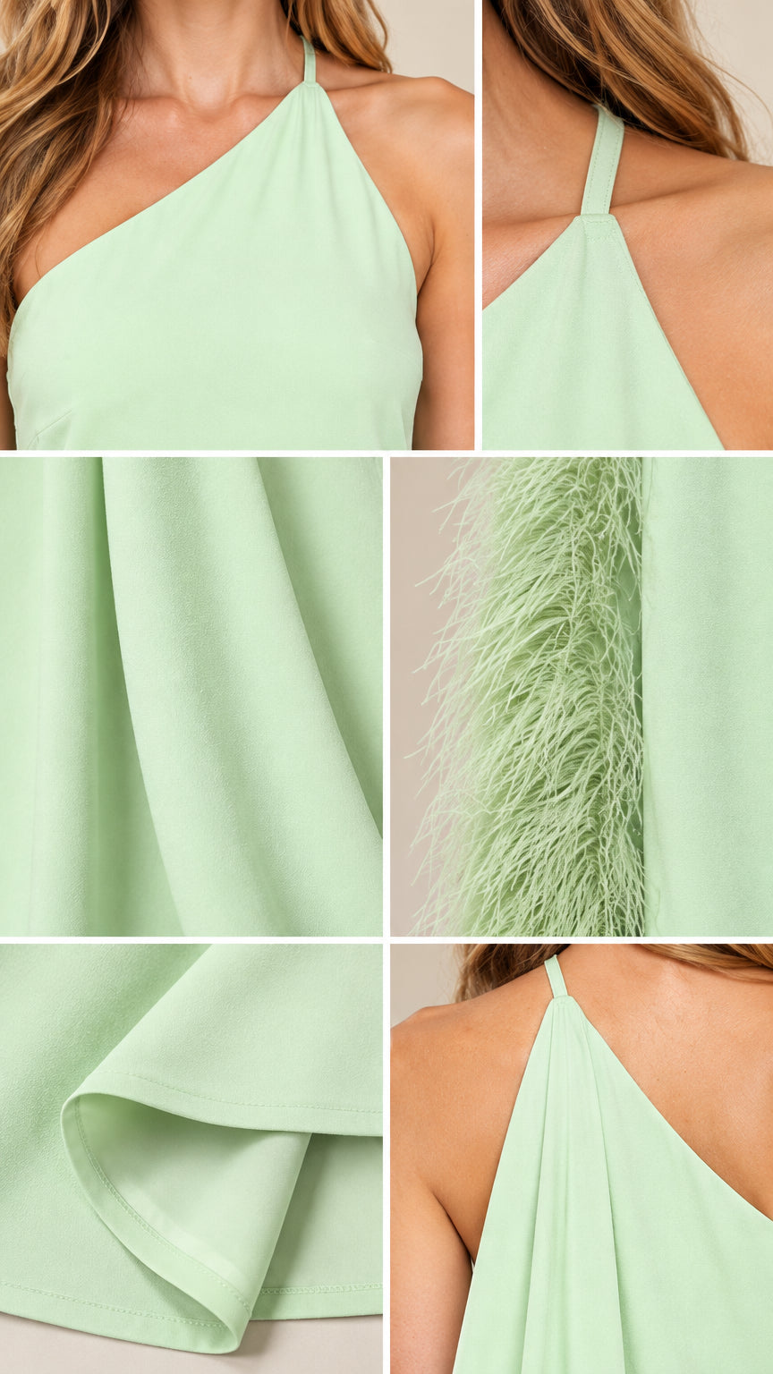 Detailed close-ups of mint green one-shoulder neckline, fabric texture, and feather trim