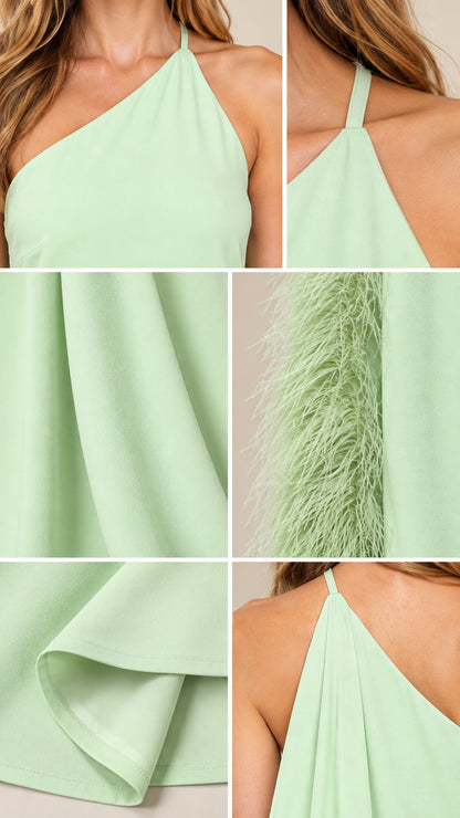 Detailed close-ups of mint green one-shoulder neckline, fabric texture, and feather trim