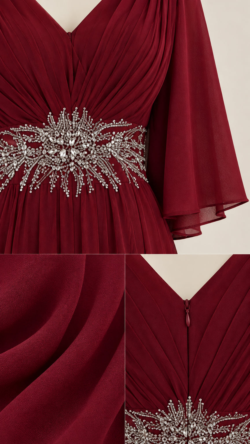 Close-up details of burgundy pleated bodice, sparkling crystal waist embellishment, and chiffon fabric texture