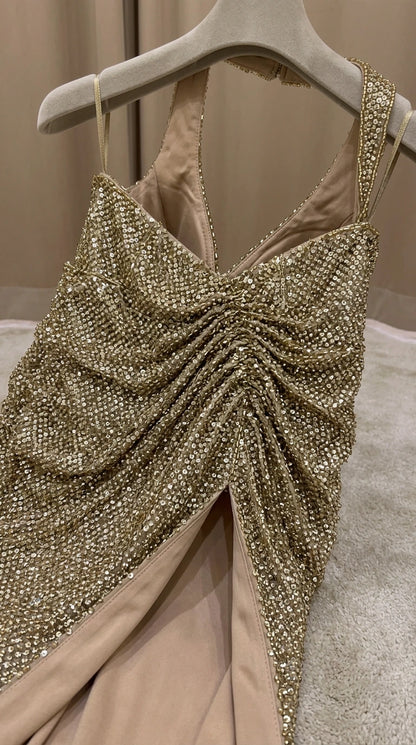 Close-up detail of Champagne Gold beaded ruched bodice and lining